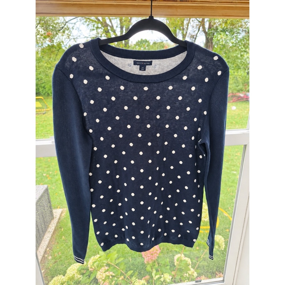 Tommy Hilfiger Polka Dot Sweater Women S Navy Blue Crew Neck Cotton